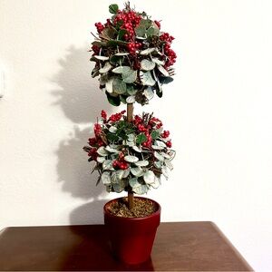 Artificial Holiday Topiary With Red Berries and Eucalyptus Leaves